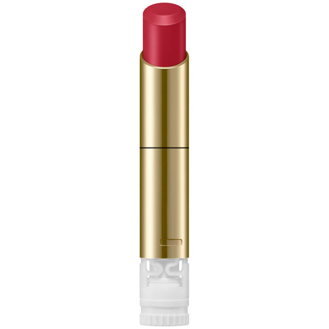 Lipstick with gold casing and red lipstick on a white background